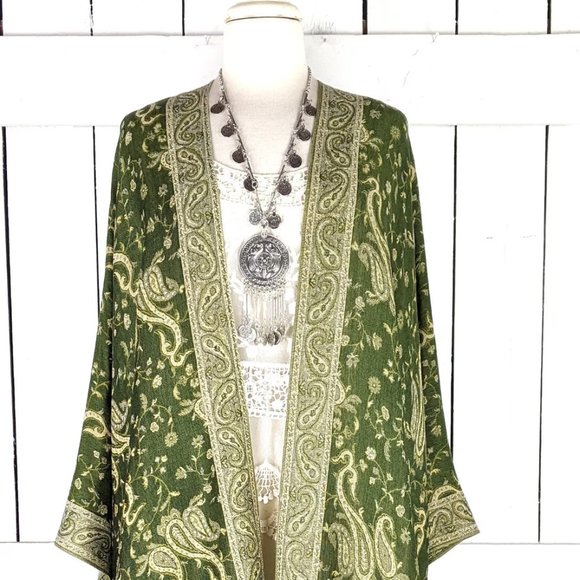 Three Feathers Studio Tops - Reversible green paisley floral fringe tassel pashmina kimono